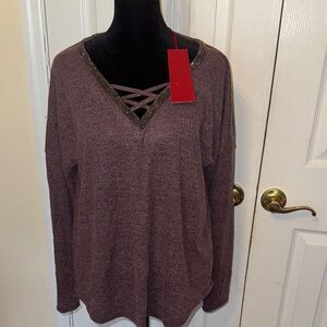 Jennifer Lopez Purple V-Neck Blouse with Beaded Detail